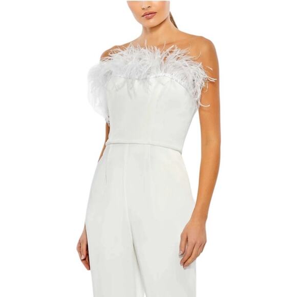 Mac Duggal NEW Style 68146 White Strapless Jumpsuit with Feather Trim Size 2 NWT - Picture 3 of 10